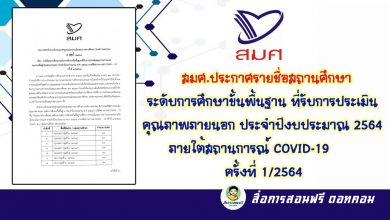 สมศ.ประกาศรายชื่อสถานศึกษาระดับการศึกษาขั้นพื้นฐาน ที่รับการประเมินคุณภาพภายนอก ประจำปีงบประมาณ 2564 ภายใต้สถานการณ์ COVID-19 ครั้งที่ 1/2564