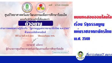 ขอเชิญทำแบบทดสอบวัดความรู้เกี่ยวกับ“รัฐธรรมนูญแห่งราชอาณาจักรไทย พ.ศ. 2560” ด้วยระบบอิเล็กทรอนิกส์ โดย ศูนย์วิทยาศาสตร์และวัฒนธรรมเพื่อการศึกษาร้อยเอ็ด