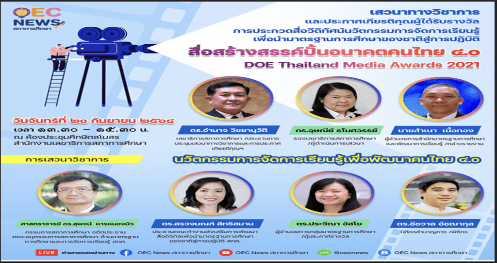 สภาการศึกษา ขอเชิญรับชมการถ่ายทอดสด (Live) การเสวนาทางวิชาการนวัตกรรมการจัดการเรียนรู้ เพื่อพัฒนาคนไทย 4.0 ในวันจันทร์ที่ 20 กันยายน 2564เวลา 13.30 - 15.30 น.