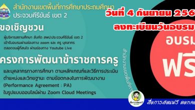 ห้ามพลาด!!! สพป.ประจวบขีรีขันธ์ เขต2 ขอเชิญอบรม เรื่องเกณฑ์วิทยฐานะใหม่ (ระบบ PA) แบบสด ๆ ได้ทาง YouTube Channel : PKN2 Channel ลงทะเบียนในวันอบรม วันเสาร์ที่ 4 กันยายน 2564