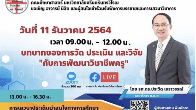 ขอเชิญเข้าร่วมฟังการบรรยายและเสวนาวิชาการ "บทบาทของการวัด ประเมิน และวิจัยกับการพัฒนาวิชาชีพครู" ในวันที่ 11 ธันวาคม 2564 เวลา 9.00-16.00น. โดย ภาควิชาการวัดผลและวิจัยการศึกษา คณะศึกษาศาสตร์ มศว