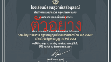 แบบทดสอบออนไลน์ "ตอบปัญหาวิชาการ รัฐธรรมนูญแห่งราชอาณาจักรไทย พ.ศ.2560" เนื่องในวันรัฐธรรมนูญ ประจำปี 2564 ผ่านเกณฑ์ร้อยละ 70 รับเกียรติบัตรทางอีเมล์ โดยโรงเรียนมัธยมสุวิทย์เสรีอนุสรณ์