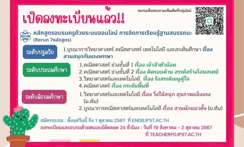 ลงทะเบียนอบรมครูออนไลน์ฟรี 7 หลักสูตร จัดการเรียนรู้ฐานสมรรถนะ วิทย์-คณิต-เทคโนโลยี สมัครได้ถึง 1 ต.ค. นี้