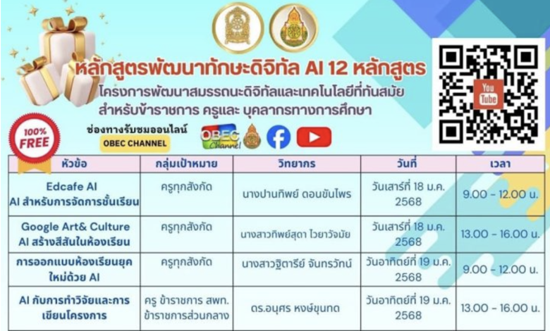 ลงทะเบียนอบรมออนไลน์ สพฐ. หลักสูตรพัฒนาดิจิทัล AI 12 หลักสูตร รับเกียรติบัตรจาก สพฐ.