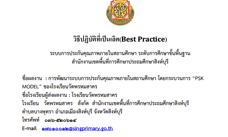 เผยแพร่ผลงาน เรื่อง : การพัฒนาระบบการประกันคุณภาพภายในสถานศึกษา โดยกระบวนการ “PSK MODEL” ของโรงเรียนวัดพรหมสาคร โดย นางสาววีณ์รฐา จารุเสรณีย์