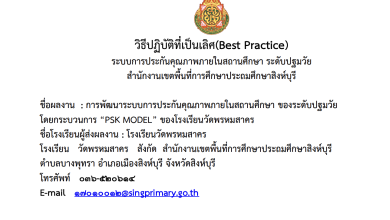 เผยแพร่ผลงาน แบบรายงานผลการปฏิบัติที่เป็นเลิศ (Best Practice)  เรื่อง ชื่อผลงาน : การพัฒนาระบบการประกันคุณภาพภายในสถานศึกษา ของระดับปฐมวัย โดยกระบวนการ “PSK MODEL” ของโรงเรียนวัดพรหมสาคร นางสาววีณ์รฐา จารุเสรณีย์