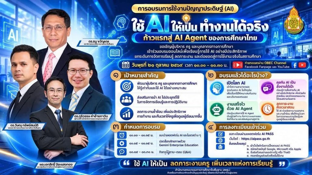 สพฐ. ขอเชิญผู้บริหาร ครู และบุคลากรทางการศึกษา เข้าร่วมอบรมออนไลน์“ใช้ AI ให้เป็น ทำงานได้จริง : ก้าวแรกสู่ AI Agent ของการศึกษาไทย”
