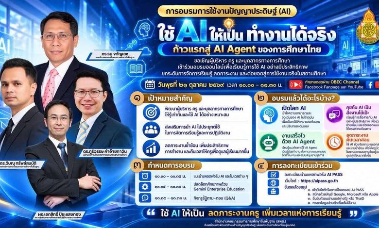 สพฐ. ขอเชิญผู้บริหาร ครู และบุคลากรทางการศึกษา เข้าร่วมอบรมออนไลน์“ใช้ AI ให้เป็น ทำงานได้จริง : ก้าวแรกสู่ AI Agent ของการศึกษาไทย”